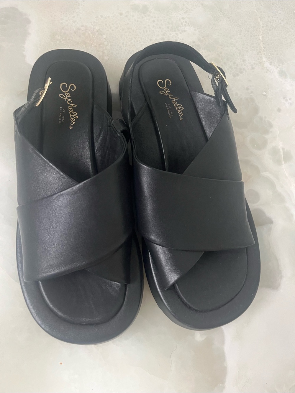 Seychelles Black Crisscross Leather Slingback Sandals